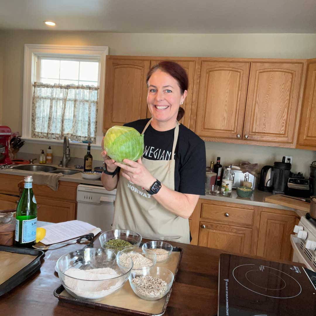 Image of Sunny showing ingredients for homemade dog food recipe.